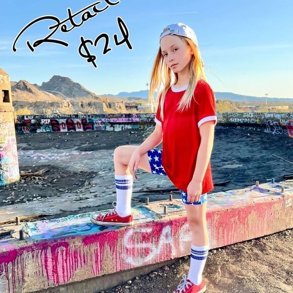 LuLaRoe Size 12 Kids Biker Shorts • Americana • Blue w/Red & White Stars • NWT - Picture 9 of 11